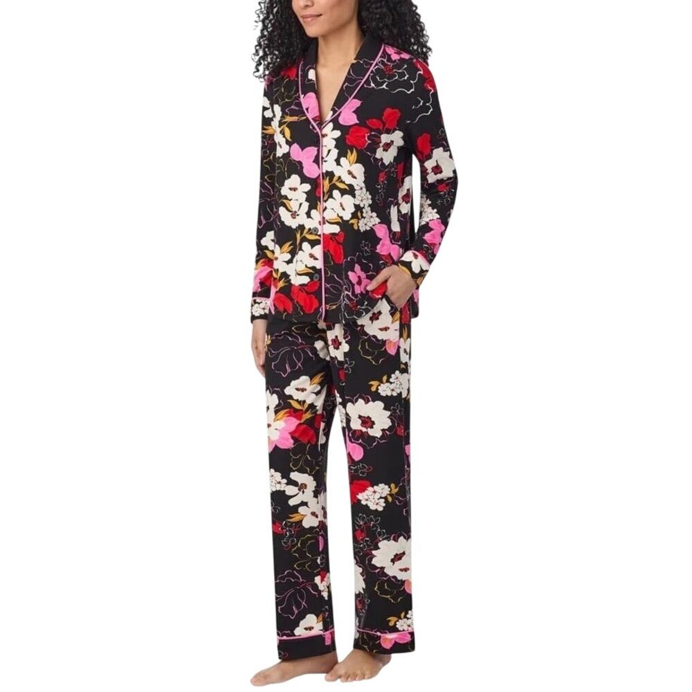 NWOT Room Service womens xl shawl collar set in black & floral w/ pink piping